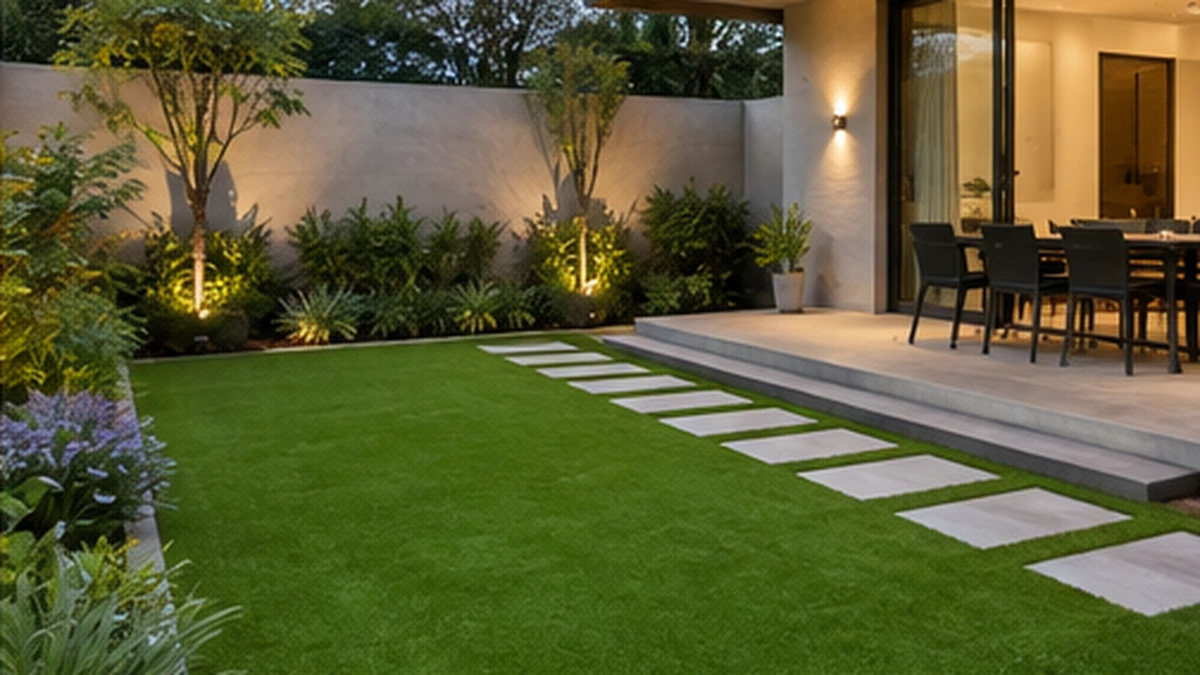 Residential artificial grass garden and patio